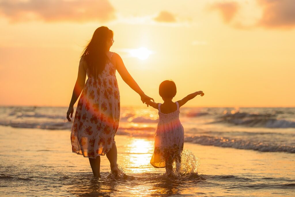 adult, mother, daughter, beach, nature, kids, happy mothers day, children, evening, family, girl, parent, people, sea, thailand, woman, waves, mom, mum, golden light, ocean, sunset