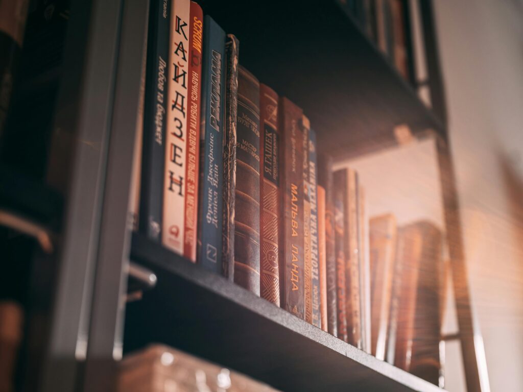 A close-up of a bookshelf with books in Cyrillic script illuminated by sunlight, Lviv, Ukraine.