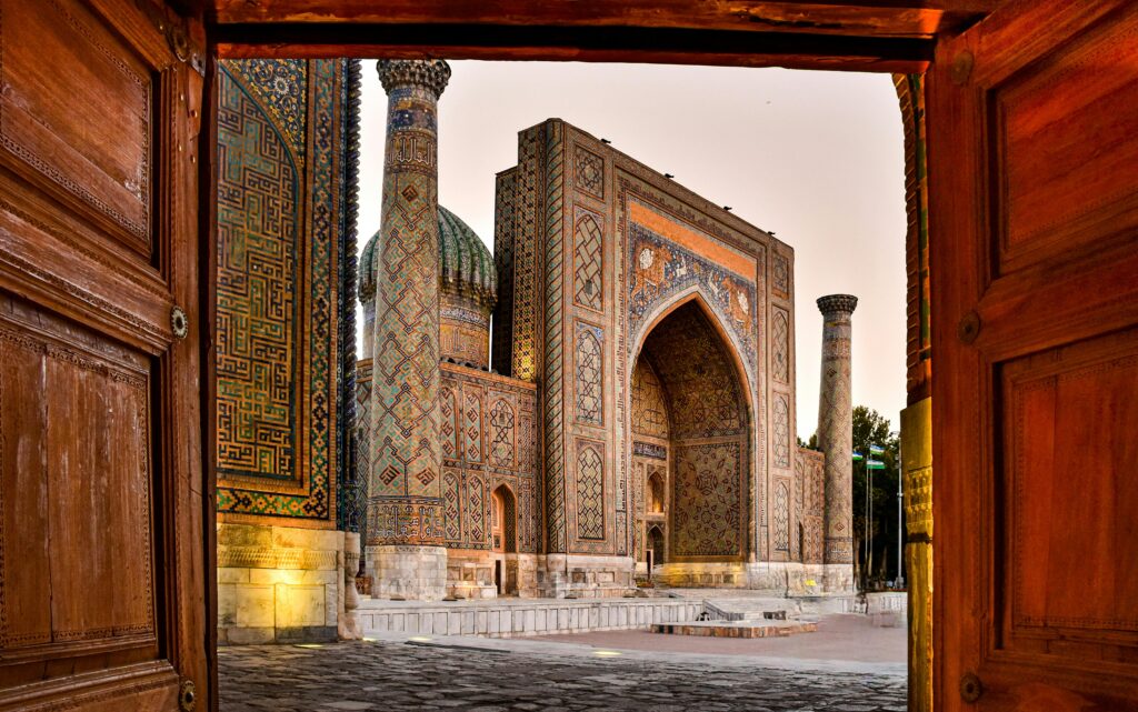 Explore the intricate architecture of Samarkand's historic Registan Square, a UNESCO World Heritage Site.