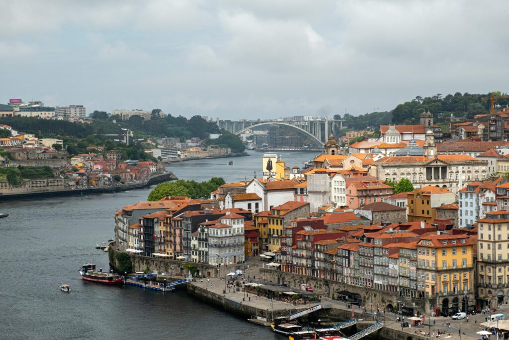 Aerial view of Porto, Portugal, showcasing colorful riverside architecture and historic landmarks.