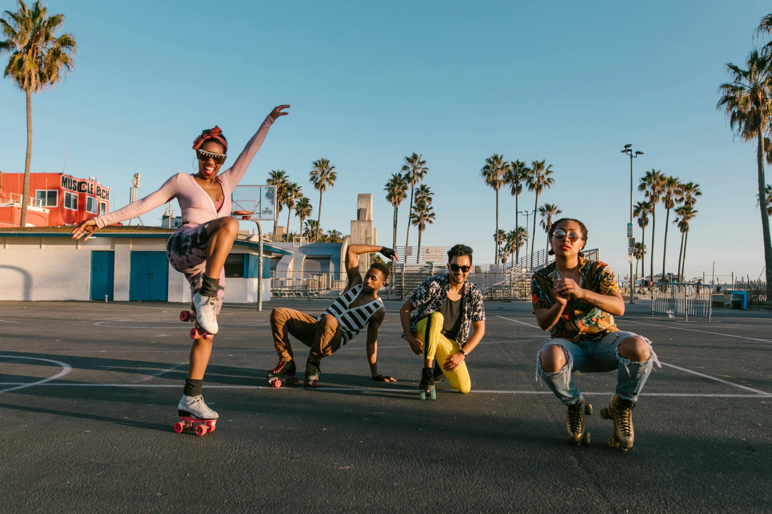 A lively group enjoying roller skating under the sun at Venice Beach