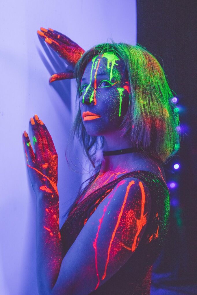 neon, neon makeup, neon body painting, glowing makeup, disco, club, photoshoot neon body painting, beauty trend, festival, mood, music, entertainment, silhouette, beauty photo shoot in the neon light, neon, neon, neon, neon makeup, disco, disco, disco, disco, disco