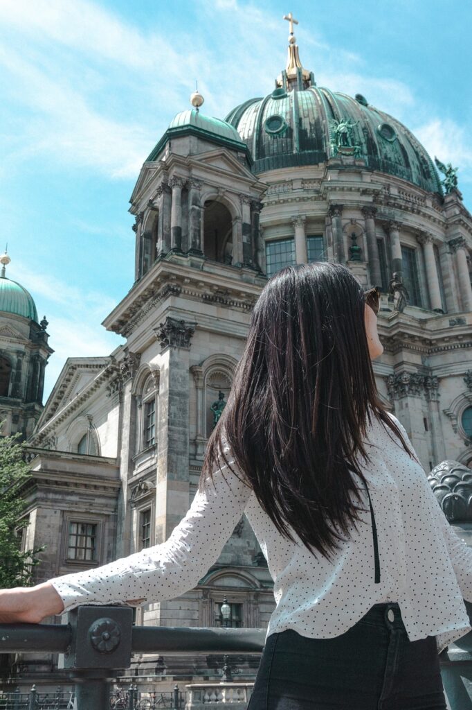 woman, model, church, cathedral, dome, nature, berlin, germany, gold, summer, fashion, fashionable, spree, river, travel, architecture, construction, capital, europe