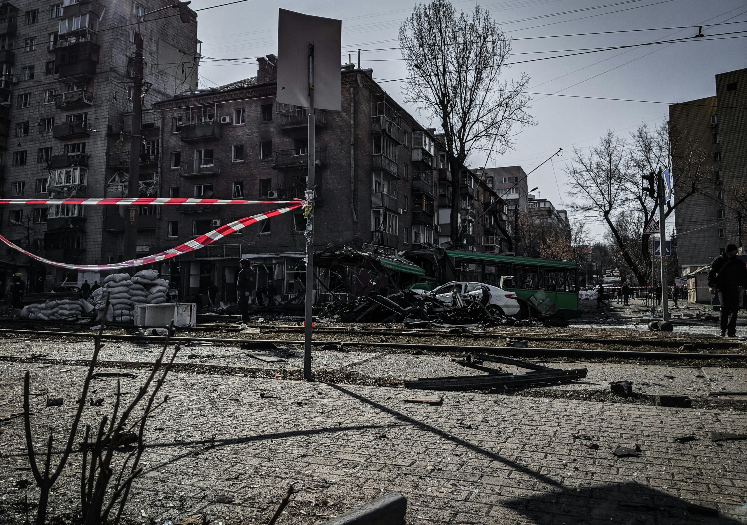 A devastated street in Kyiv showcasing war damage and destruction.