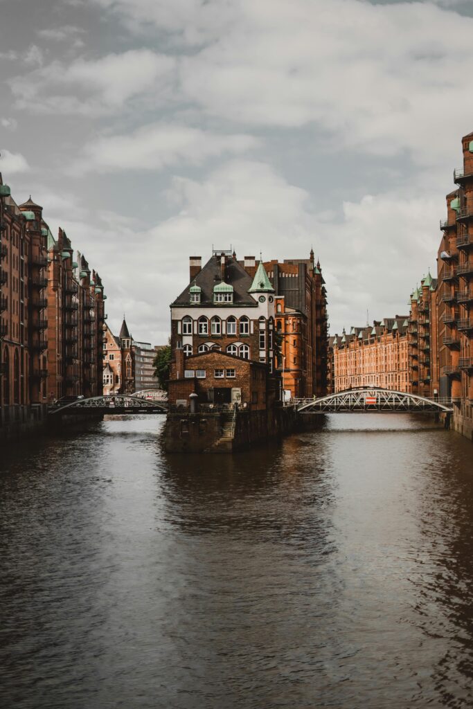 Explore the architectural charm of Speicherstadt's canals and bridges in Hamburg, Germany.