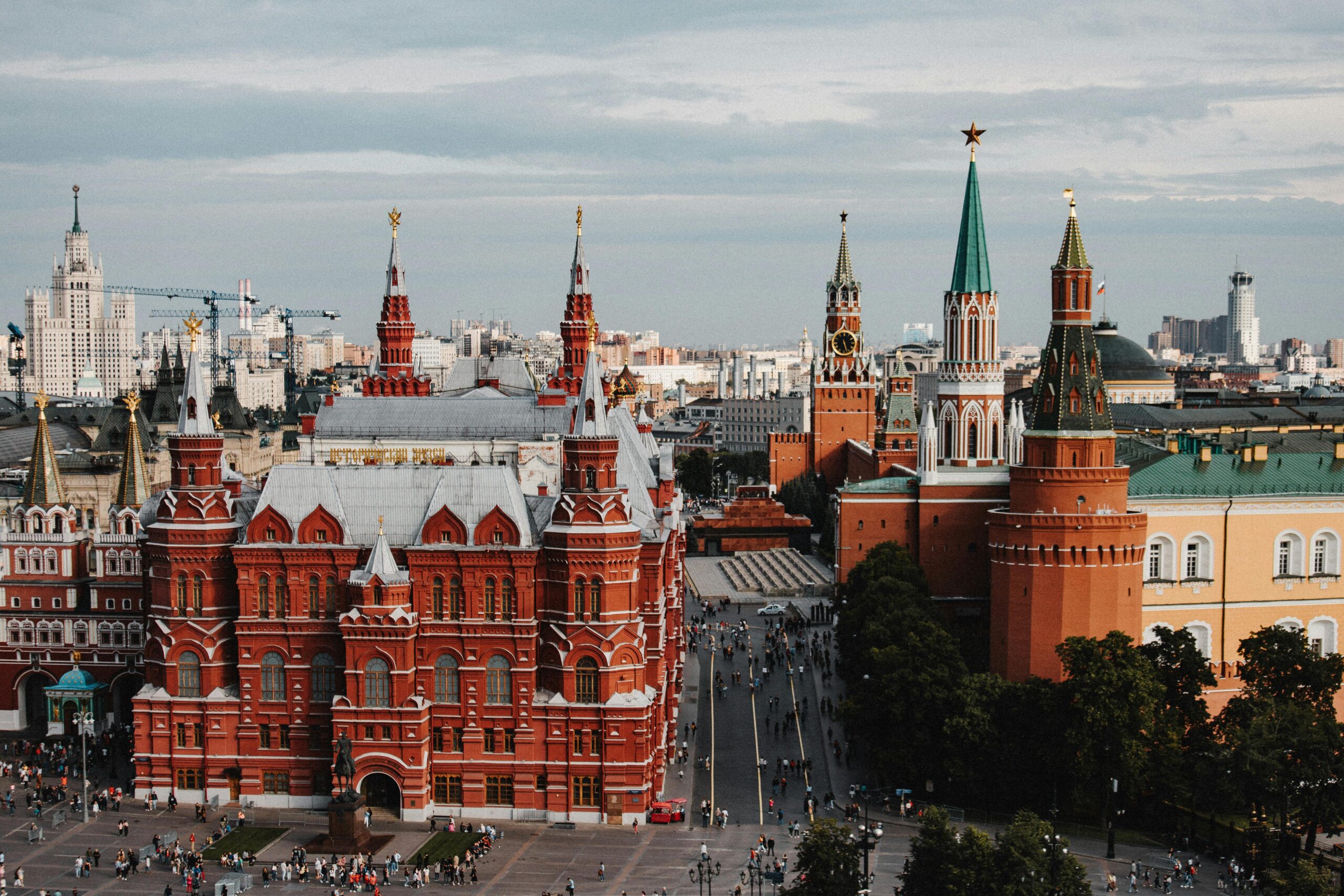 A stunning aerial view of Moscow featuring the State Historical Museum and the Kremlin.