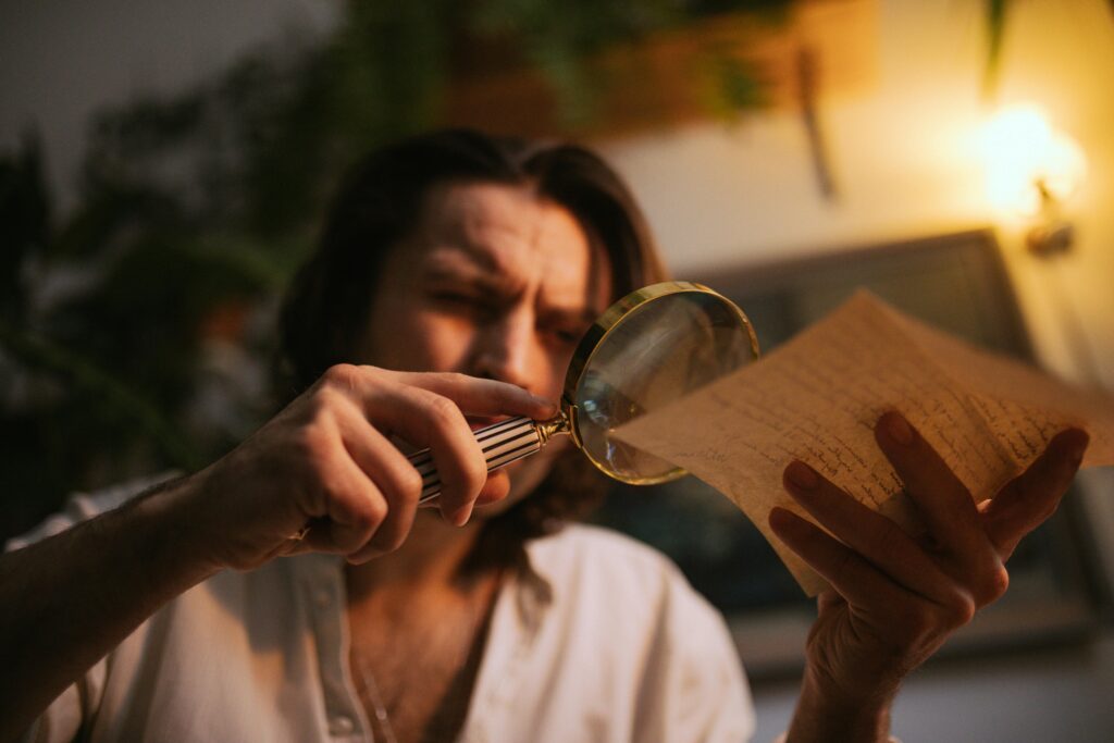 A man closely inspects a handwritten letter using a magnifying glass in a warmly lit environment.