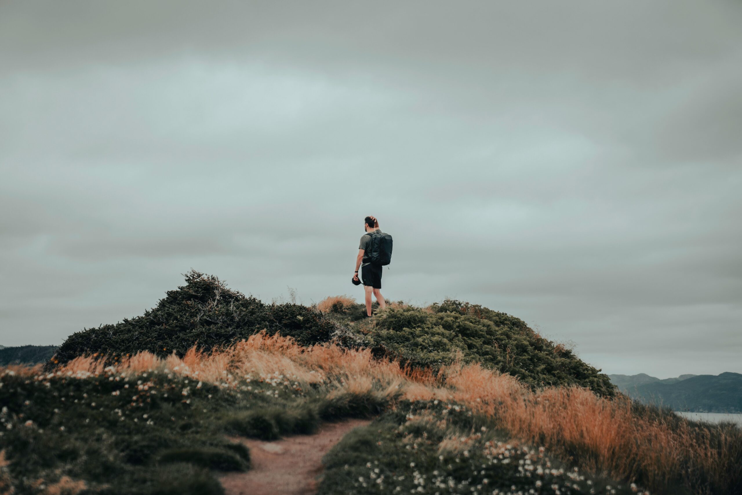 A man stands atop a hill in Chance Cove, NL, capturing nature's beauty.
