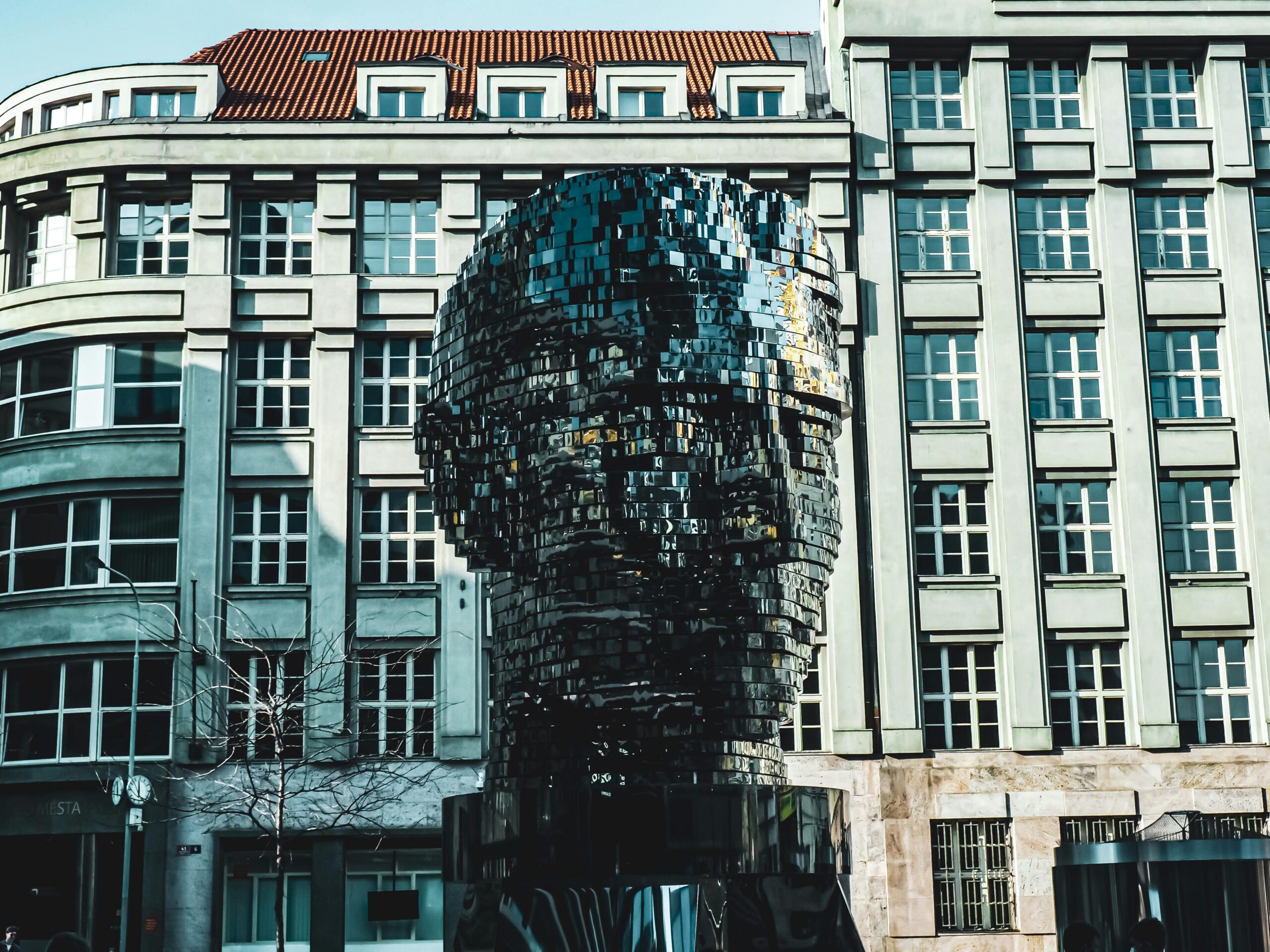 The dynamic head sculpture of Franz Kafka located in Prague, Czechia.