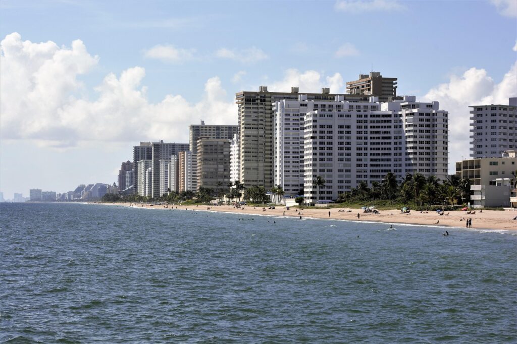 hotels, luxury, coastline, ocean, atlantic ocean, water, sky, clouds, blue, white, skyline, architecture, cityscape, commercial, blue sky, florida, nature, south, south florida, fort lauderdale, salt water, beach, sand, vacation, tourists, blue hotel