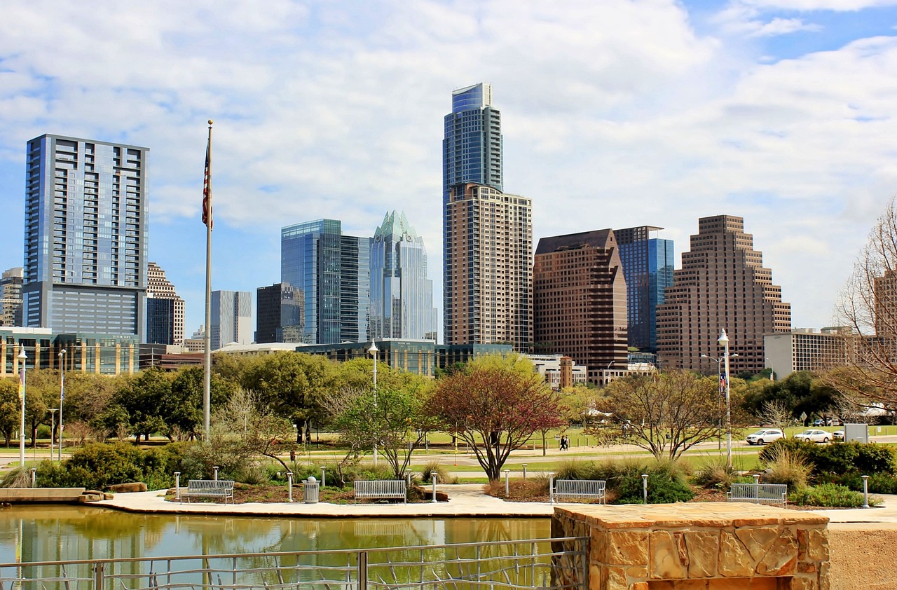 skyline, cityscape, skyscrapers, park, lake, austin, texas, usa, nature, united states, us