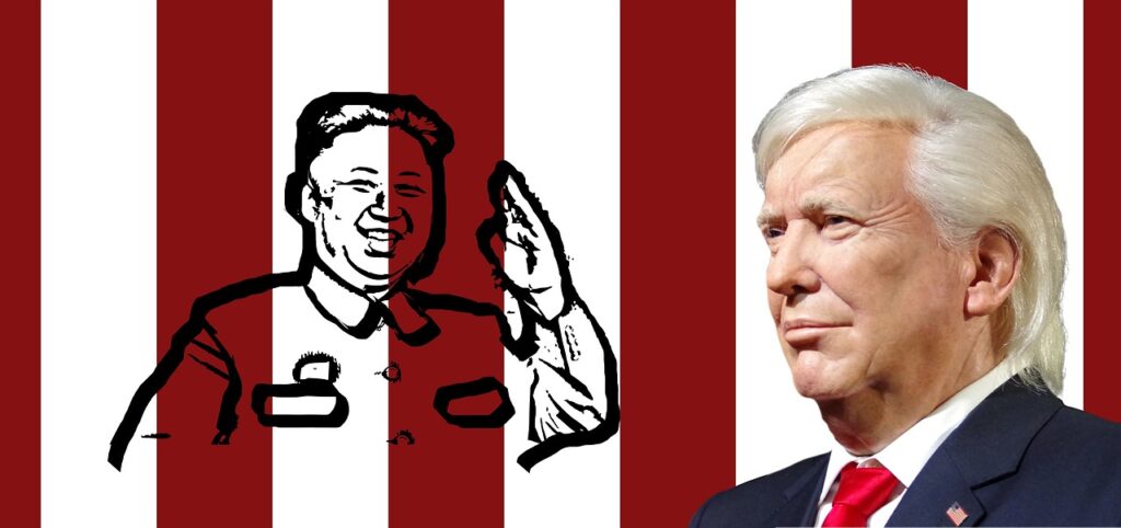 trump, president, kim, korea, north korea, usa, america, flag, banner, union jack, donald trump, republican, politics, british flag, presidency, speech, politician