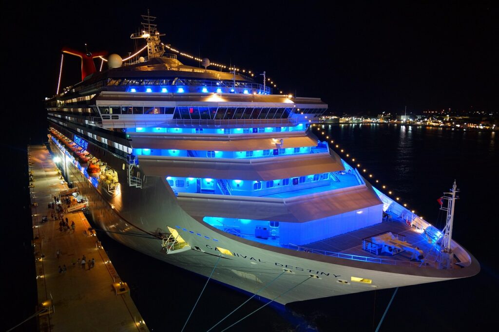 cruise ship, night, neon light, cruise, port, travel, nature, lake, water, holiday cruise, caribbean