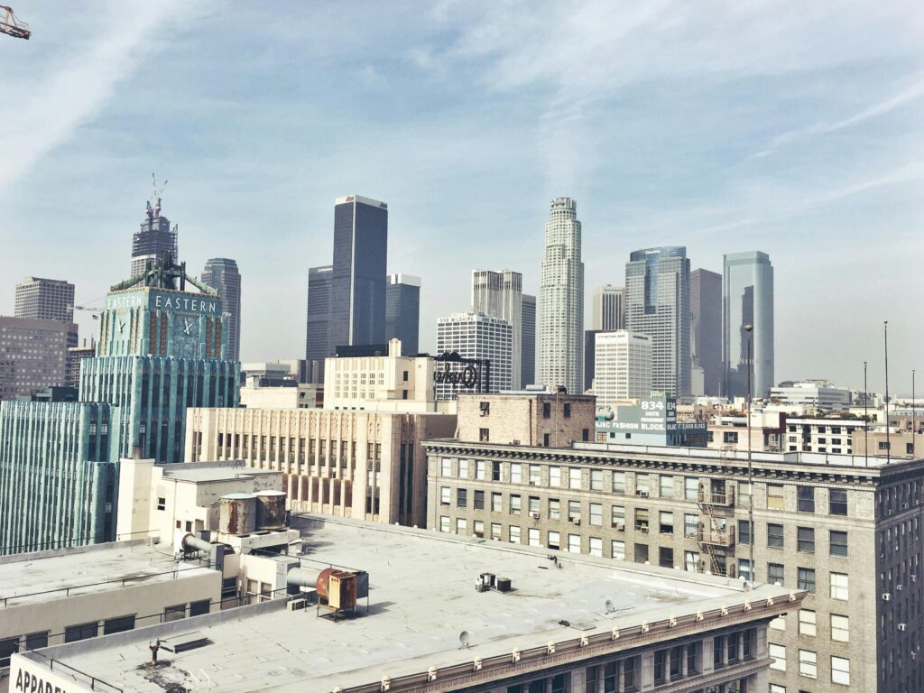 A breathtaking view of Los Angeles skyscrapers under a clear sky.