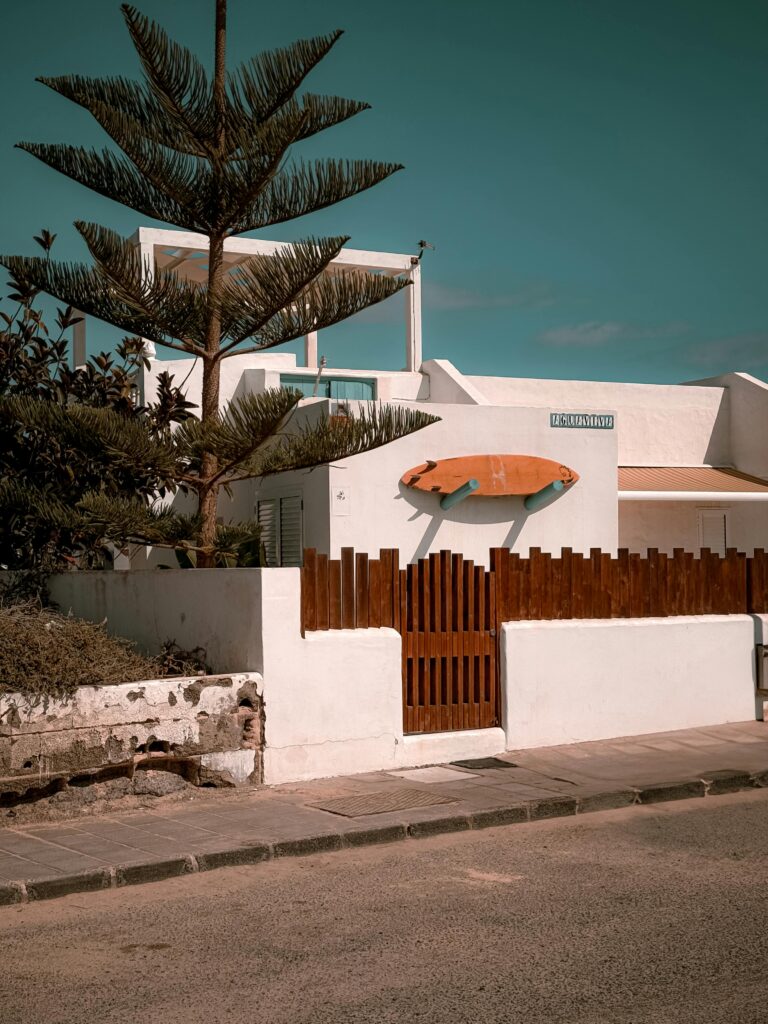 Charming Spanish villa with surf decor in Corralejo, Canary Islands, Spain.