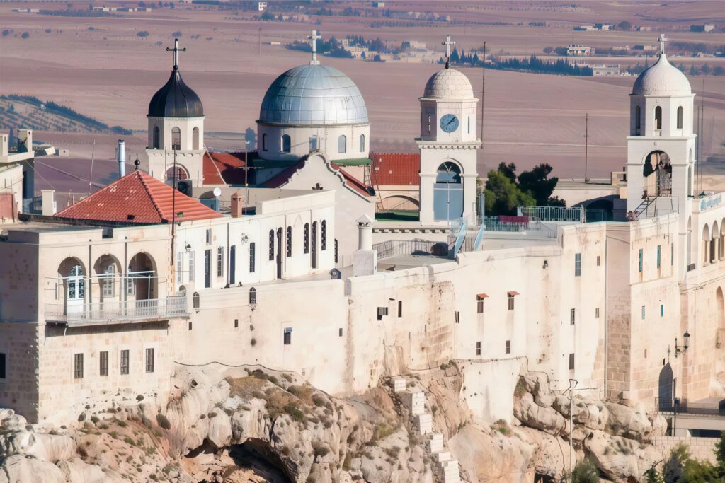 Aerial view of Saidnaya Monastery, an ancient religious site in Syria's Rif Dimashq governorate.