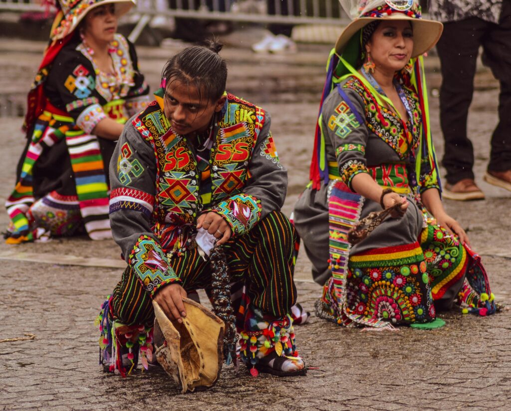 Colorful traditional Andean costumes showcased in a vibrant dance ceremony.
