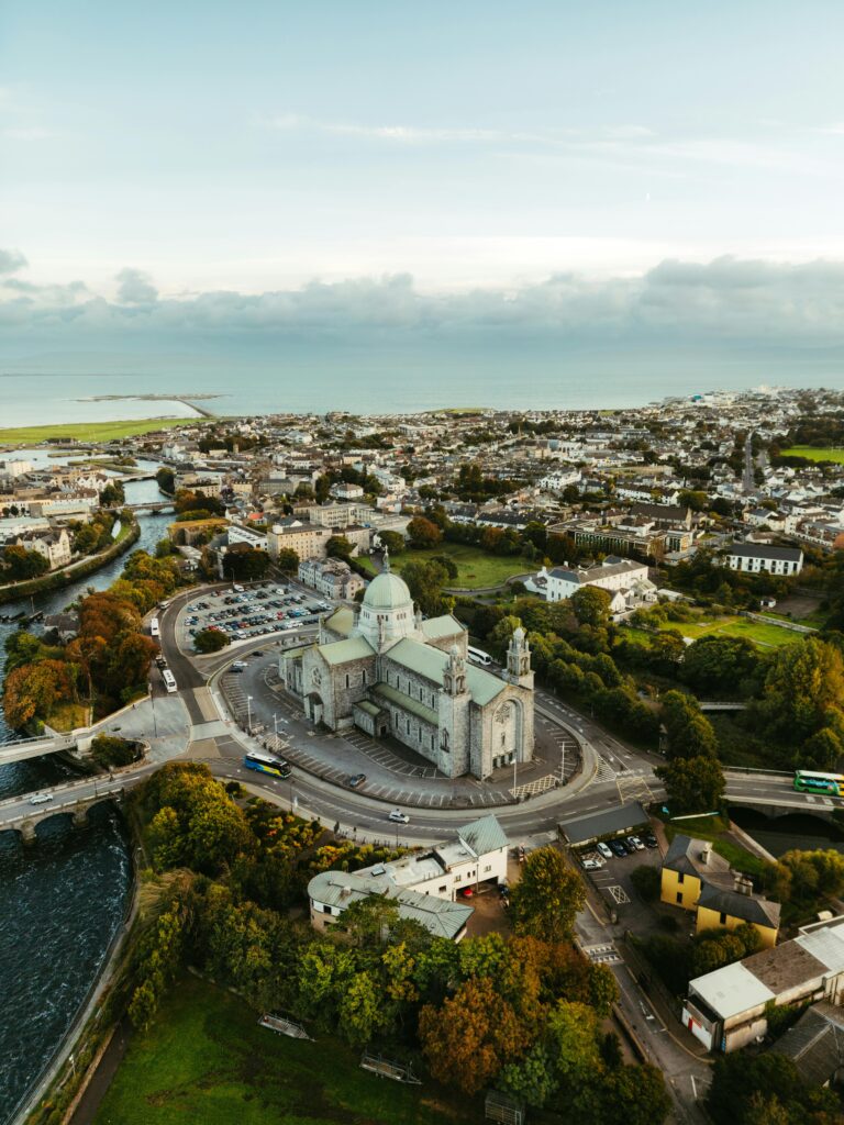 Stunning aerial view of Galway Cathedral and surrounding cityscape in County Clare, Ireland.