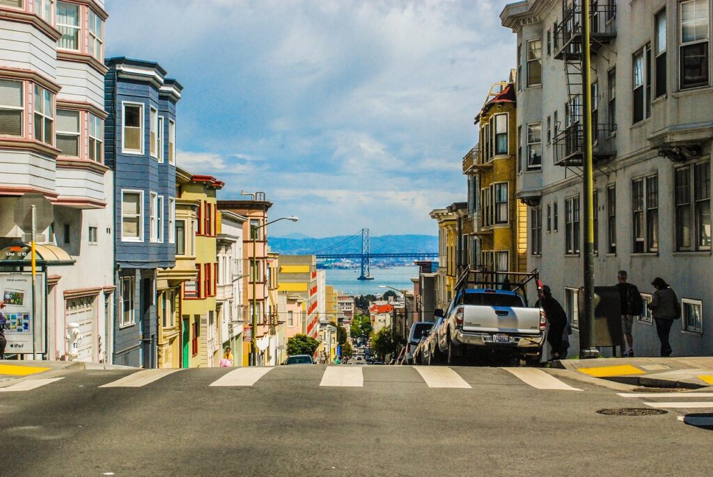 san francisco, street, city, usa, urban, downtown, nature, road, famous, tourism, architecture, california, san, buildings, francisco, cityscape, landmark, hill, transportation, cars, america, bridge, bay, clouds, colorful, houses