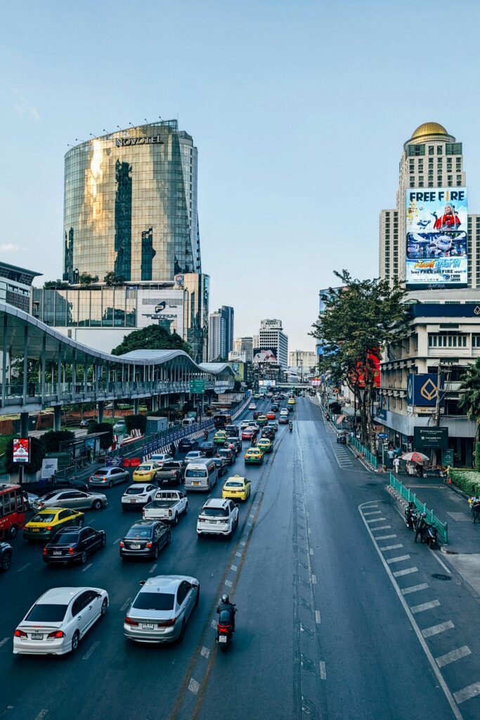 Dynamic city scene showcasing high traffic and modern skyscrapers downtown.