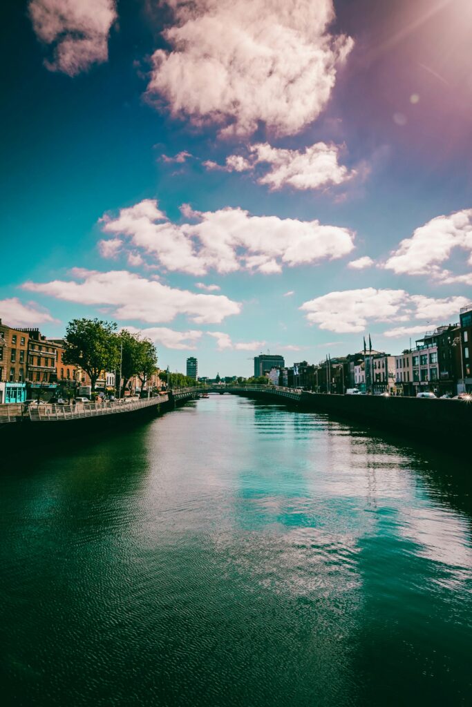 Beautiful river view of Dublin cityscape with reflections and vibrant sky.