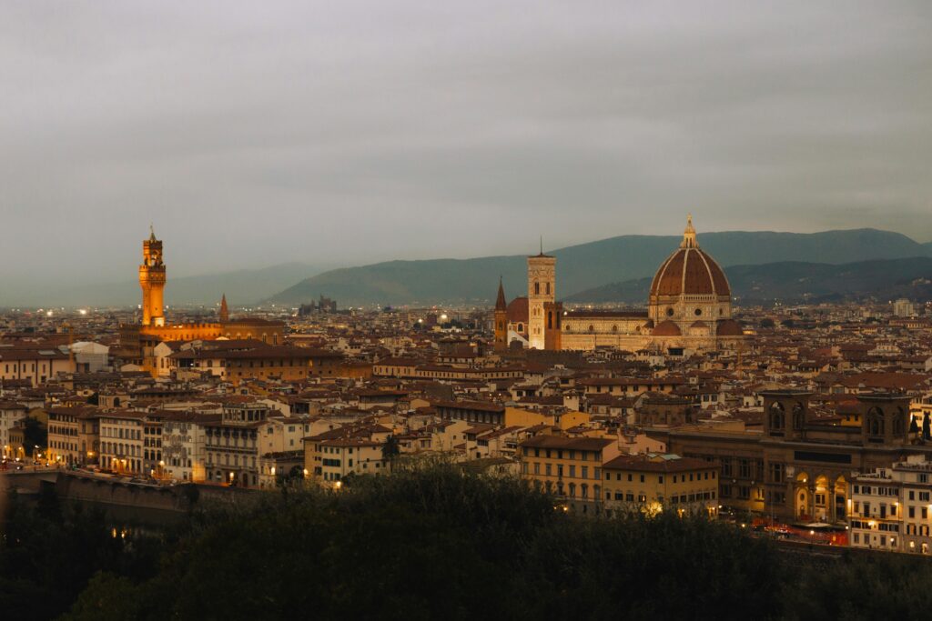 Stunning twilight view of Florence, Italy, featuring the iconic Duomo and historical cityscape.