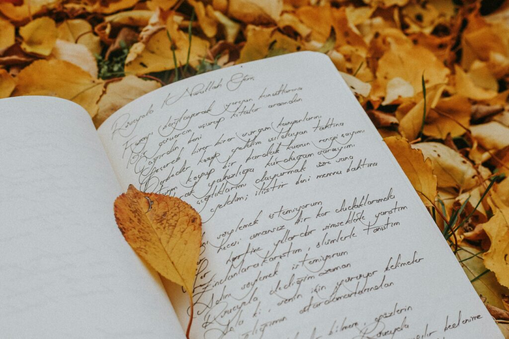 An open book with handwritten text on a bed of yellow autumn leaves.