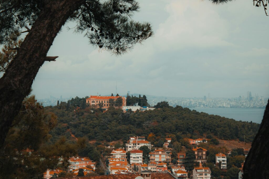 Breathtaking view of Heybeliada island with cityscape background taken from Istanbul, Turkey.