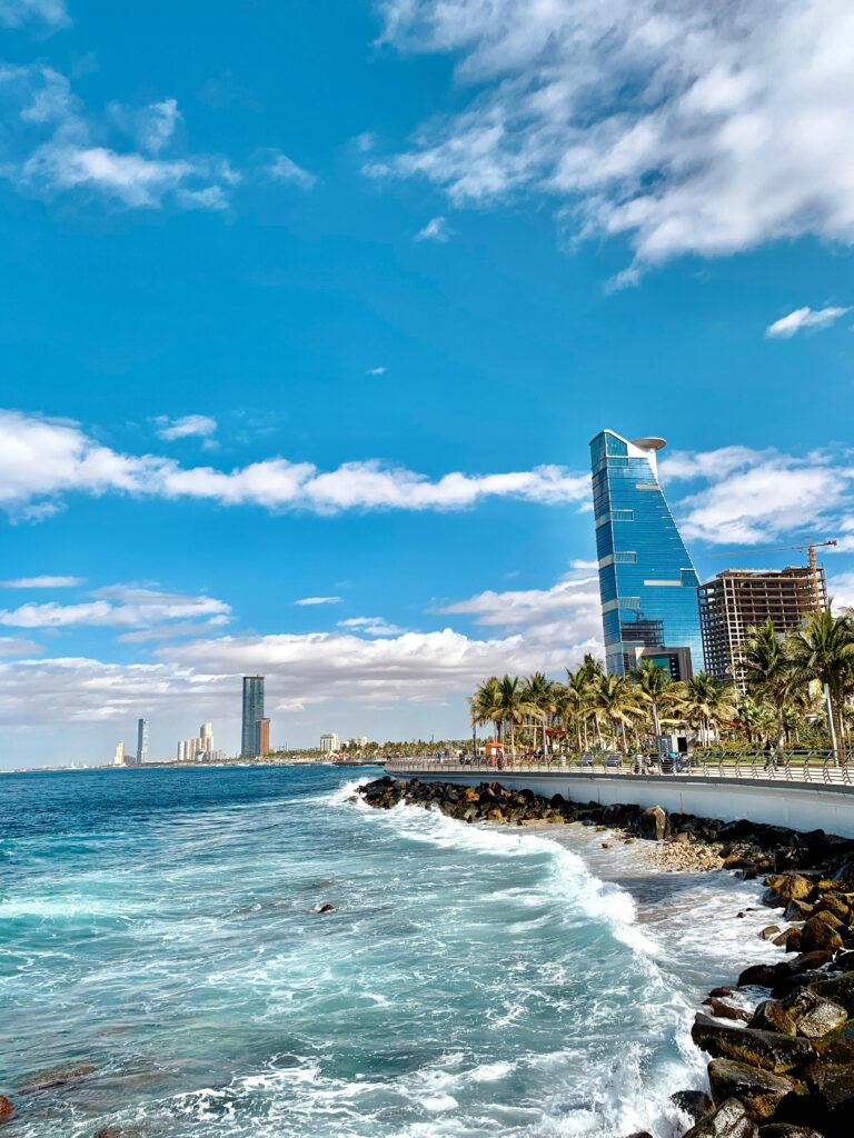 Vibrant urban landscape of Jeddah's coastline. Captivating cityscape with striking architecture.