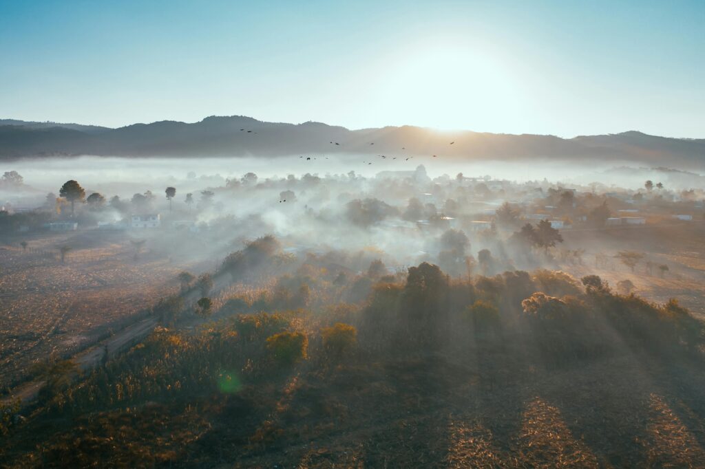 Breathtaking aerial view of a foggy valley during sunrise, showcasing natural beauty and serenity.