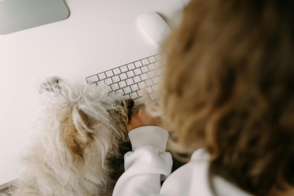 A person works closely with their dog at a computer keyboard, sharing a workspace.