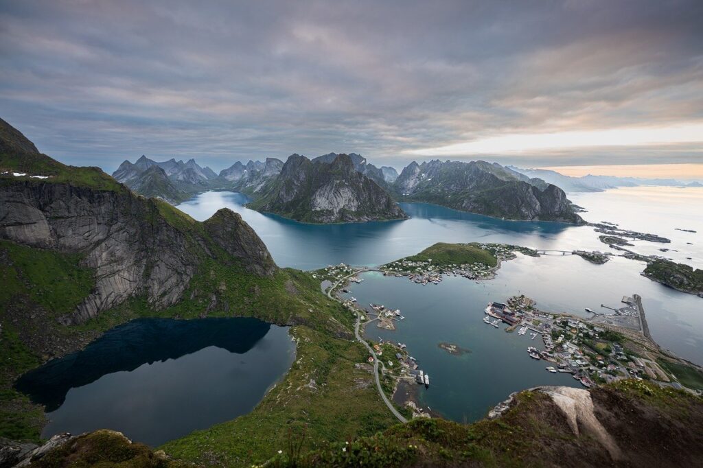 reinebringen, lofoten, islands, sea, panorama, mountains, fjords, ocean, bridges, scenery, norway, nature