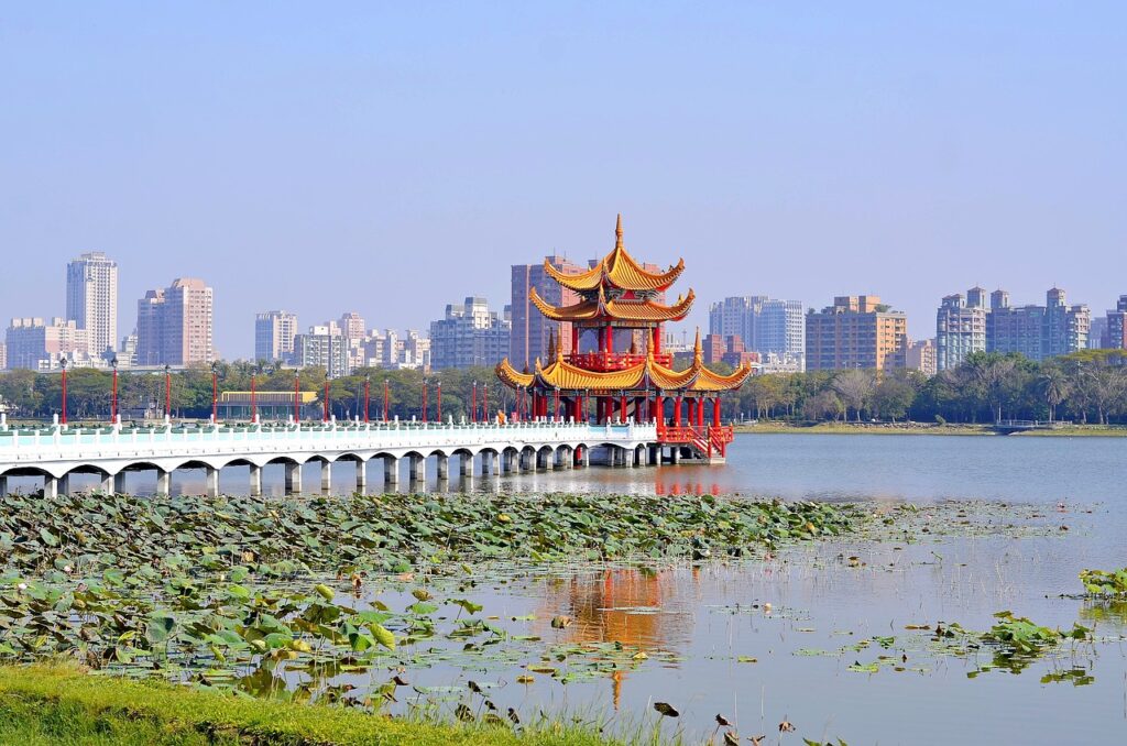 taiwan, kaohsiung, nature, temple, pagoda, buddhist, buddhism, spiritual, attraction, landmark, famous, china, chinese, water, pond, lake