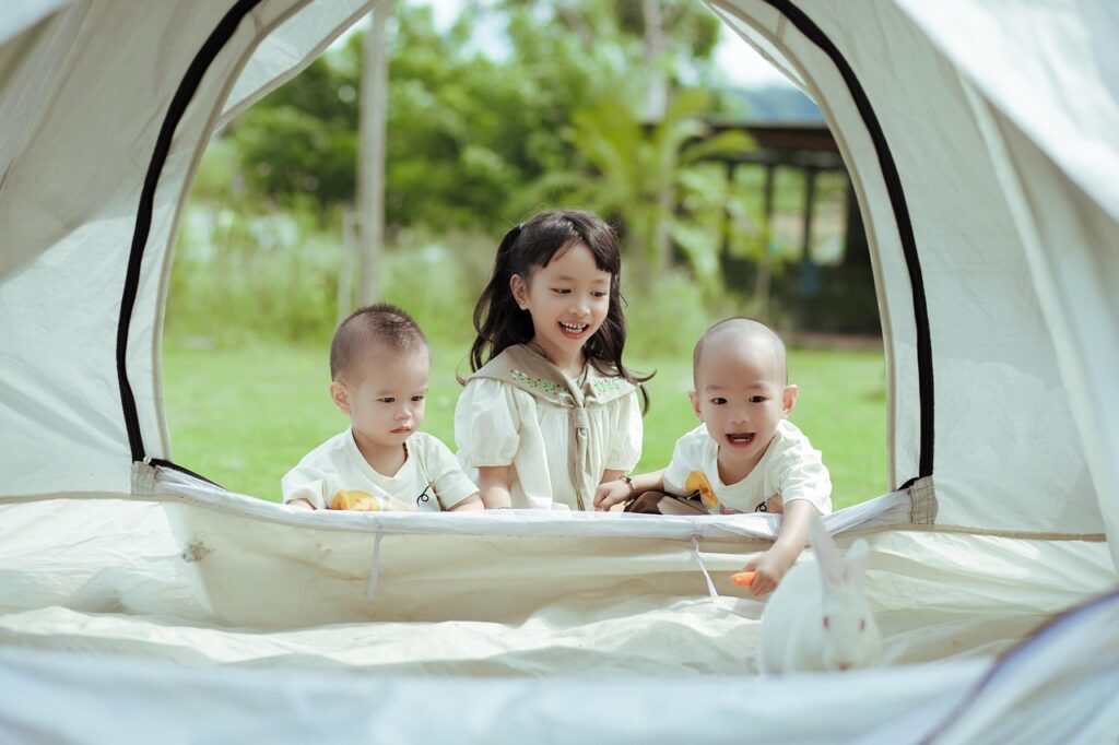 children, tent, rabbit, camping, kids, nature, outdoors, picnic