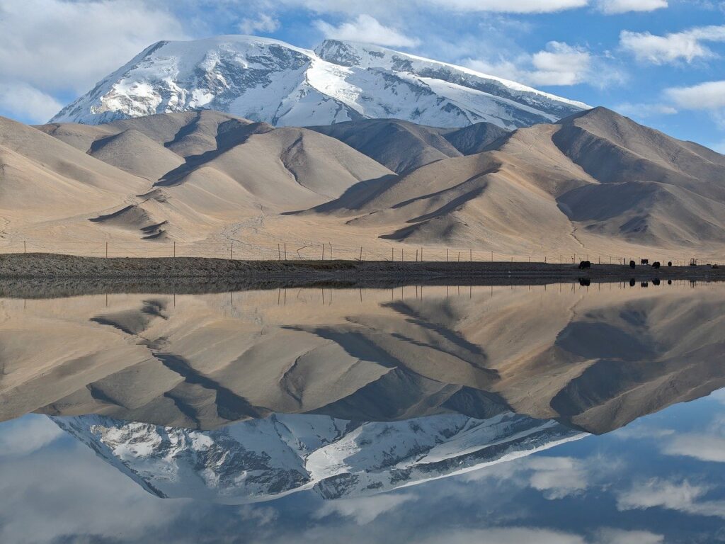 muztagh, mountain, mirror, xinjiang, china, travel, nature, snow, glacier, pamir
