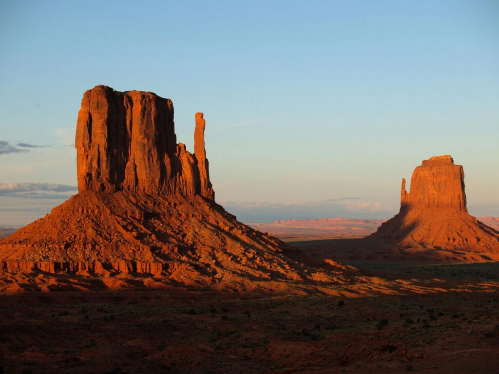 Beautiful view of Monument Valley's iconic rock formations during sunset.