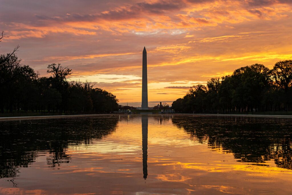 Stunning sunset reflection of the Washington Monument on the National Mall, Washington, D.C.