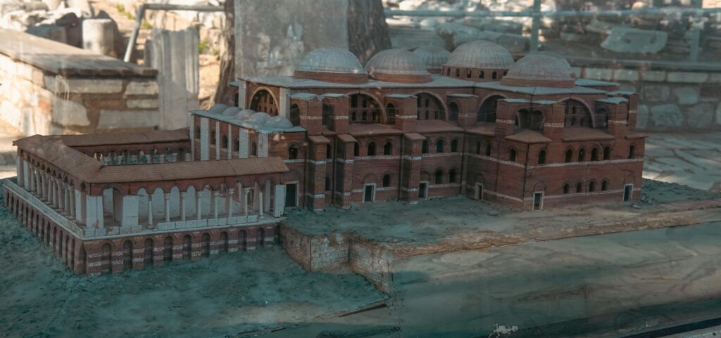 Scale model of the Basilica of St. John in Izmir, showcasing ancient architecture.