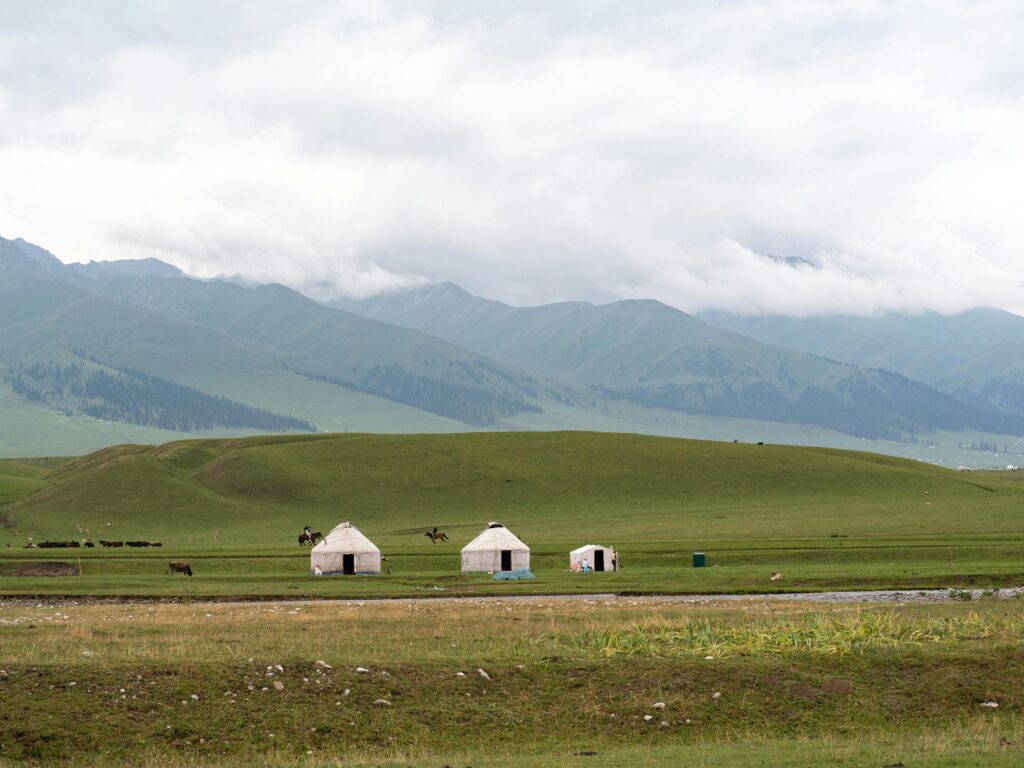 Scenic view of traditional yurts in Xinjiang's lush green grasslands under cloudy skies.