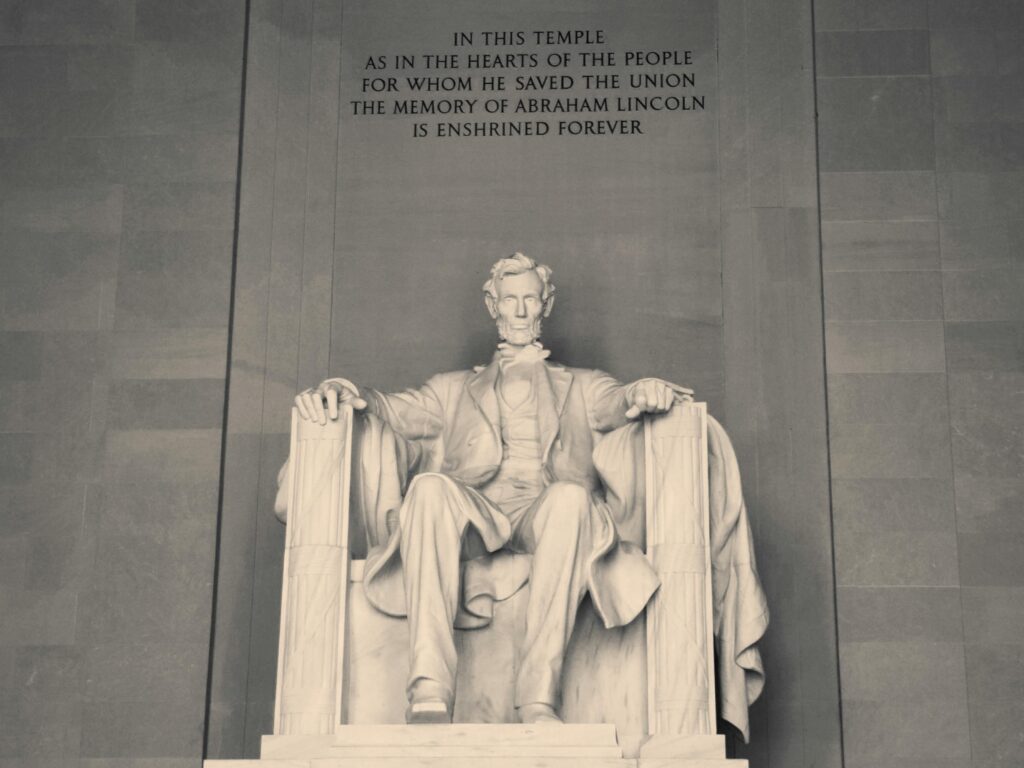 Iconic statue of Abraham Lincoln at the Lincoln Memorial in Washington, DC, USA.