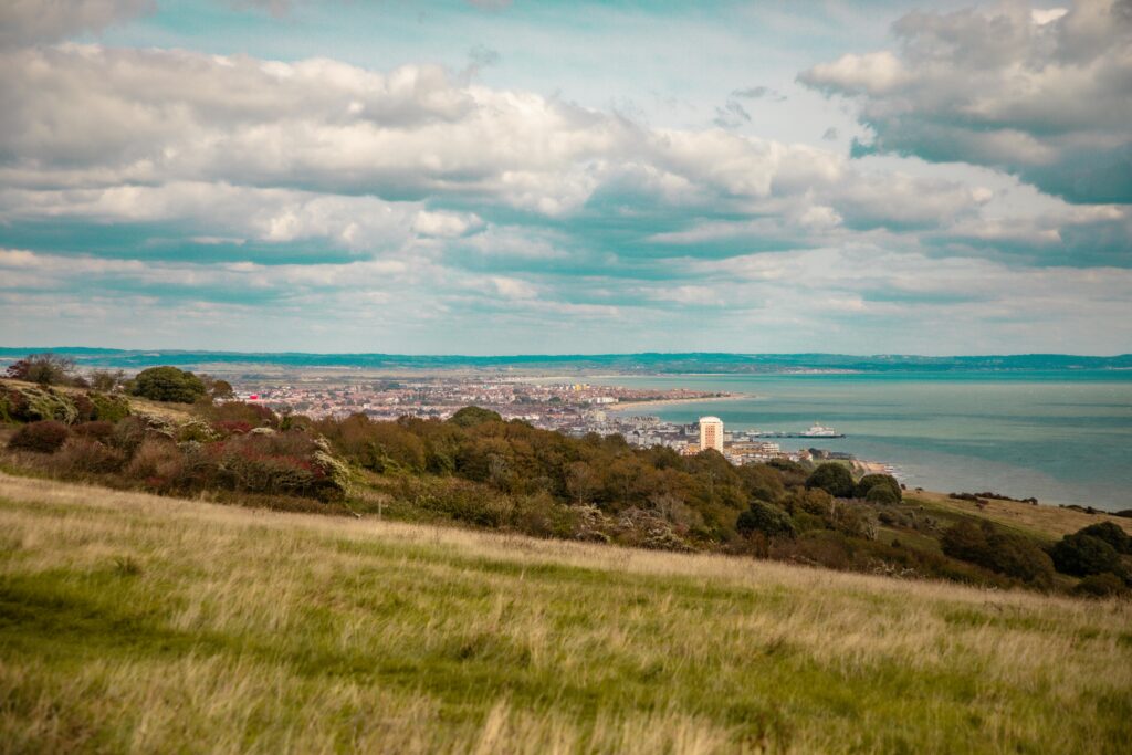 Breathtaking aerial view of Eastbourne coastline with lush greenery and the ocean horizon.