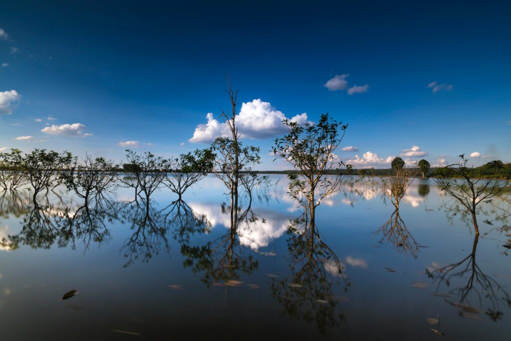 Serene lake scene with tree reflections and dramatic sky in Kon Tum, Vietnam.