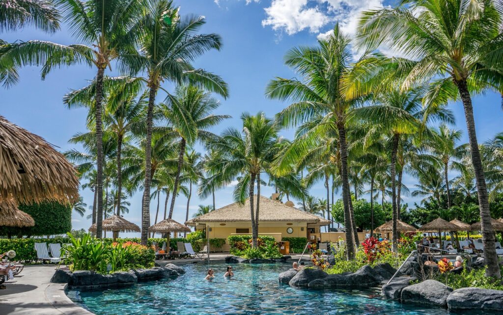 hawaii, oahu, resort, ko olina, marriott, pool, palm trees, outdoor, person, people, travel, summer, nature, tourism, holiday