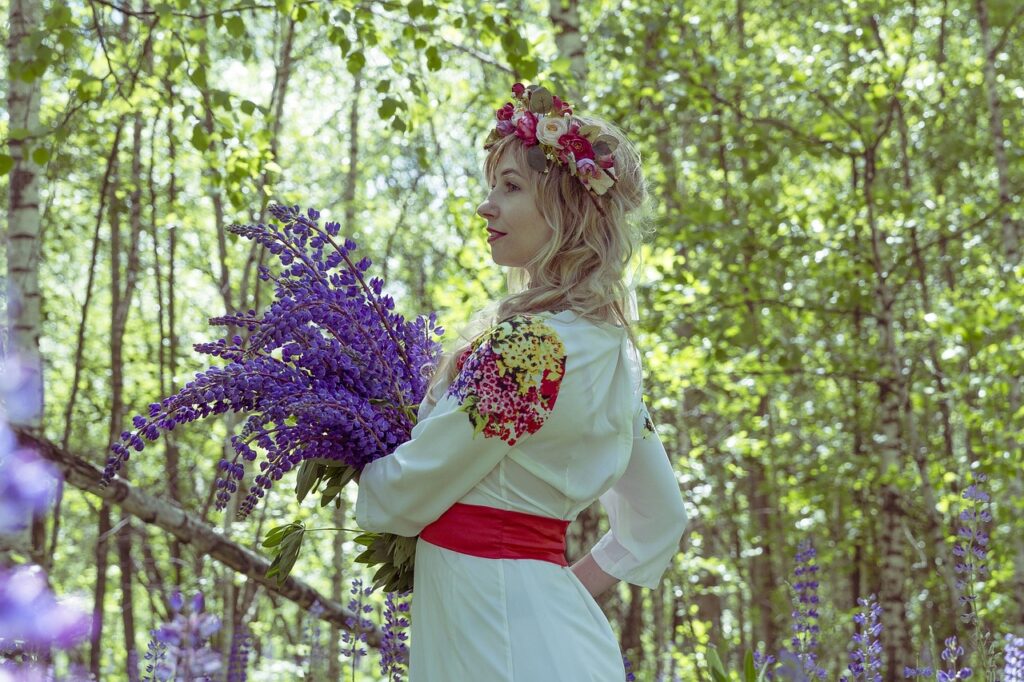 russian, russian folk costume, folklore, costume, tradition, folk, ethnic, national, russia, russians, russian girl, beautiful flowers, russian woman, flower background, traditions, traditional culture, flower wallpaper, bouquet, lupins, flower, nature, birch