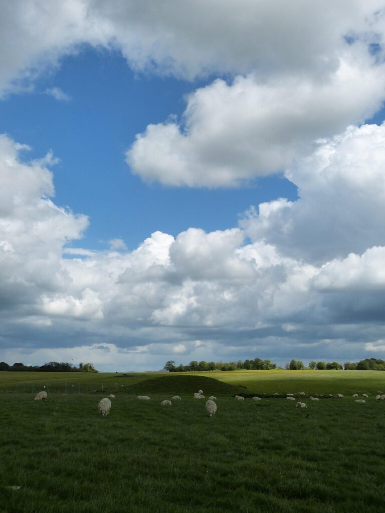 cornwall, england, united kingdom, nature, heaven, clouds, landscape, meadow, pasture, panorama, sheep, stonehenge, herd