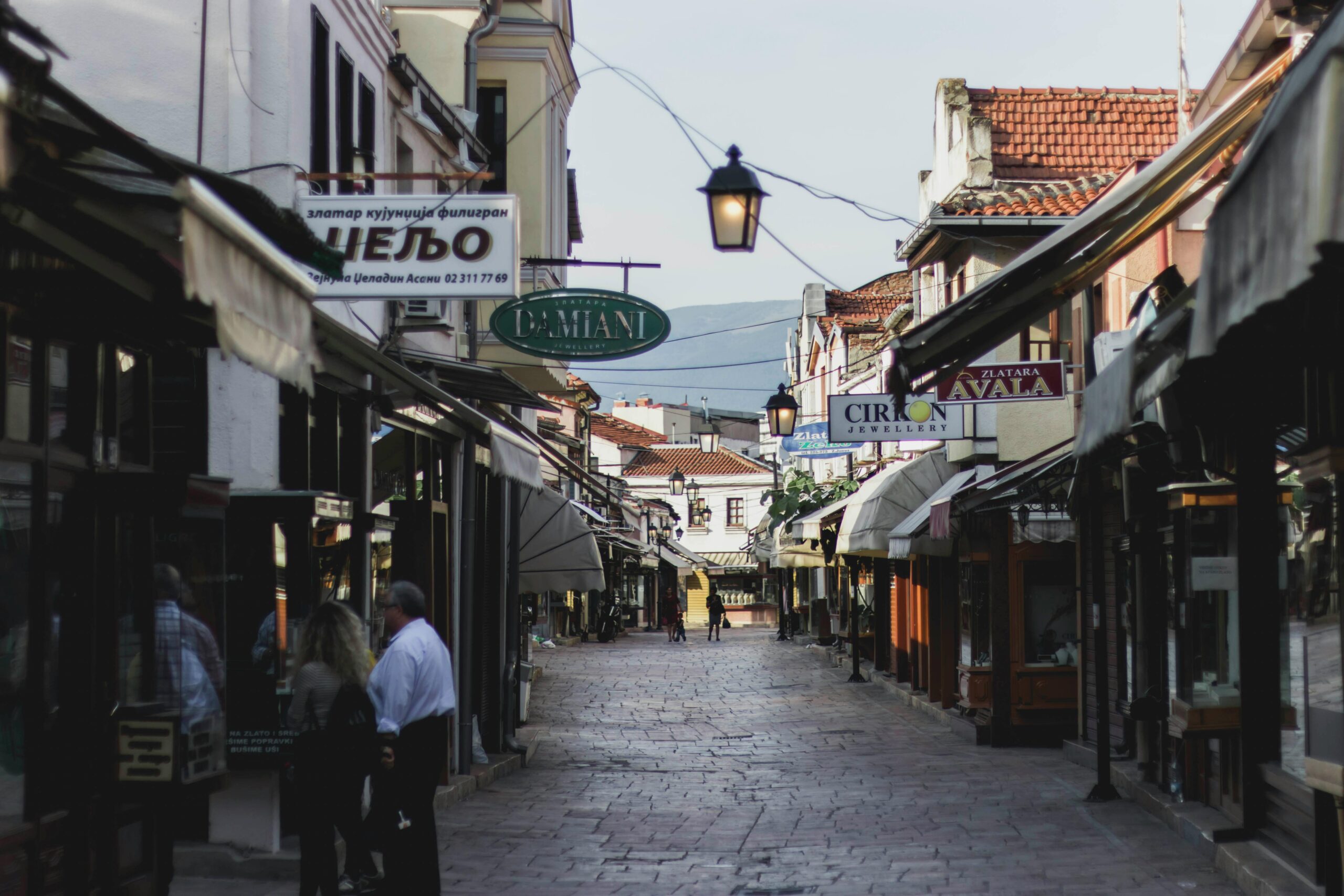 A serene view of Skopje's Old Bazaar, showcasing the charming architecture and quiet atmosphere.