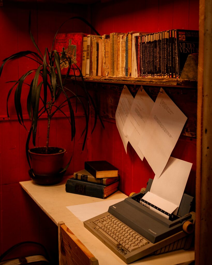 Cozy vintage office with a typewriter, bookshelves, and plants in Valdivia, Chile.