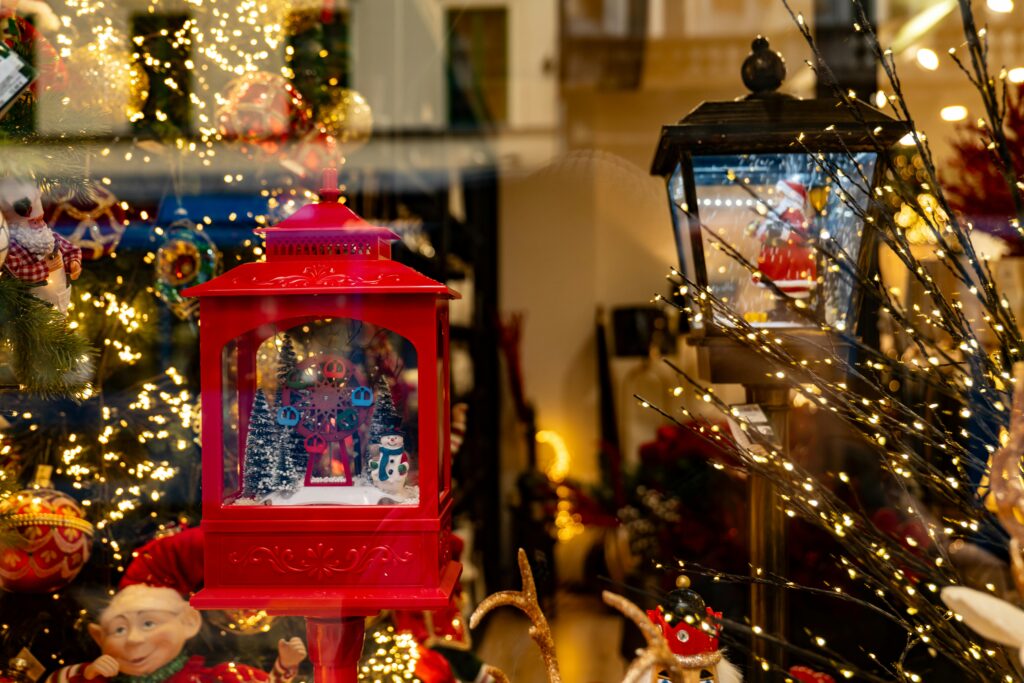 A vibrant window display with Christmas decorations in Zagreb, Hrvatska.