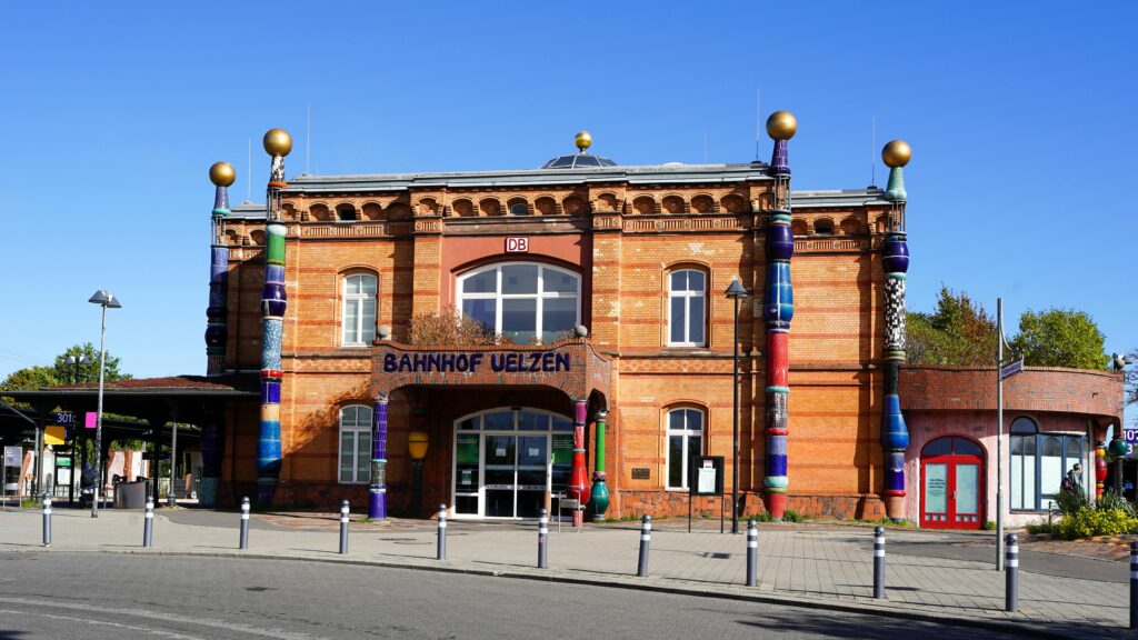 Colorful architecture of Uelzen's Hundertwasser train station, an artistic landmark in Germany.