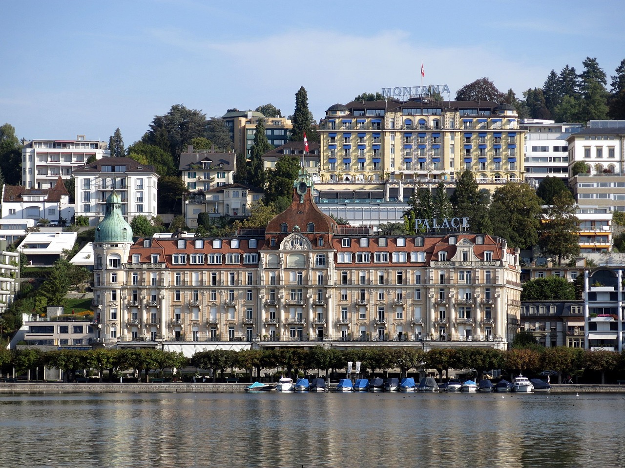 hotel, lucerne, historical, nature, palace, hotel palace, luxury, tourism, switzerland, lake, water, city, hill, hotel montana, montana